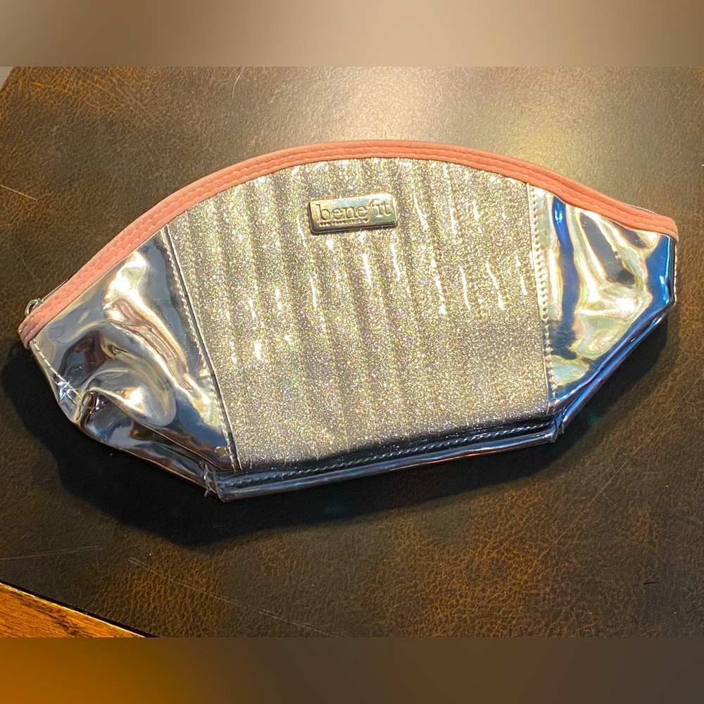 EUC Benefit makeup bag,mirrored silver with glitter sparkle,pink accents